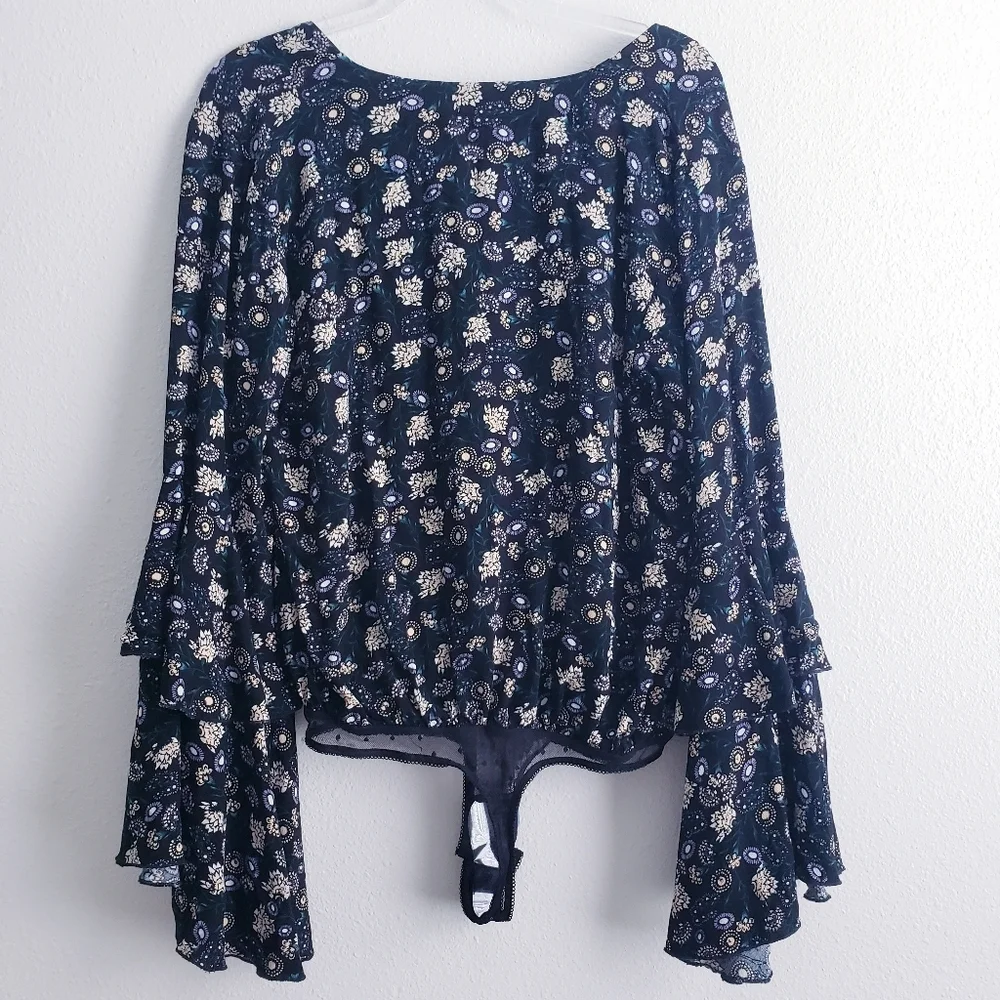 Free People Shes Dainty Long Bell Sleeve Floral Thong Bodysuit New Without Tags